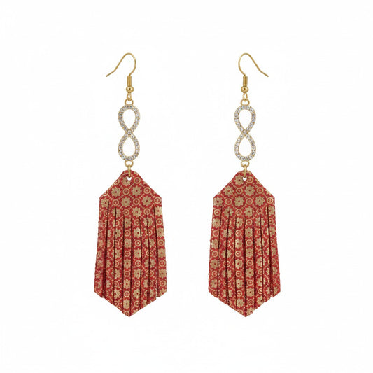 Red and Gold Floral Fringe Rhinestone Leather Earrings
