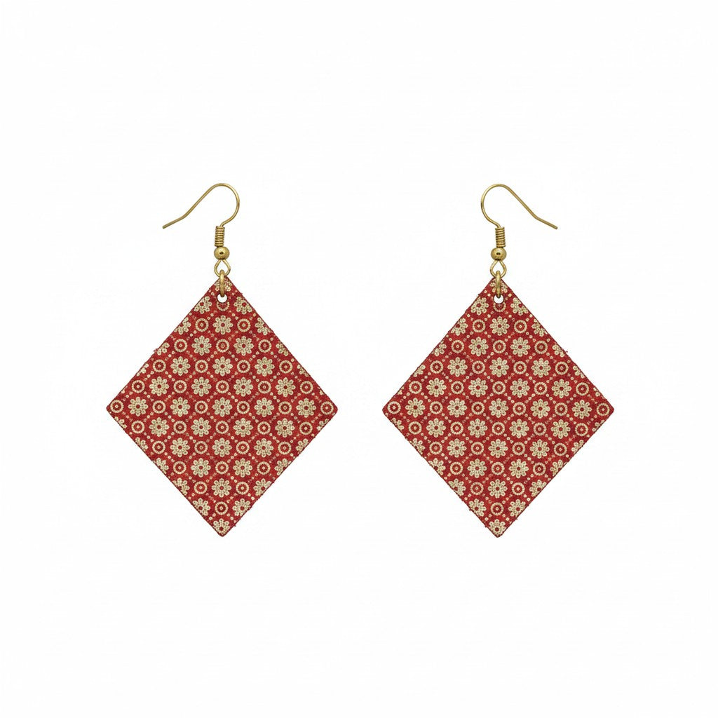 Red and Gold Floral Diamond Leather Earrings