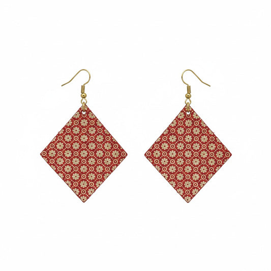 Red and Gold Floral Diamond Leather Earrings