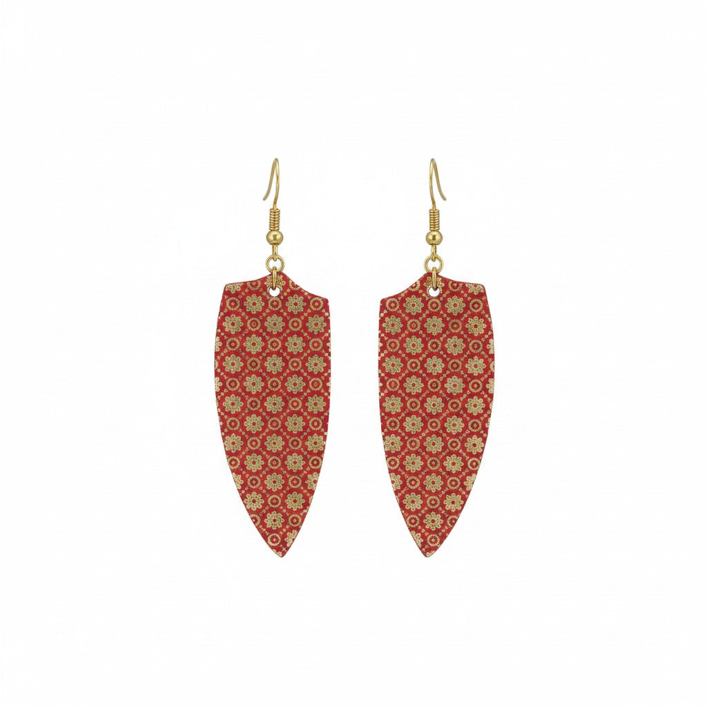 Red and Gold Floral Shield Leather Earrings