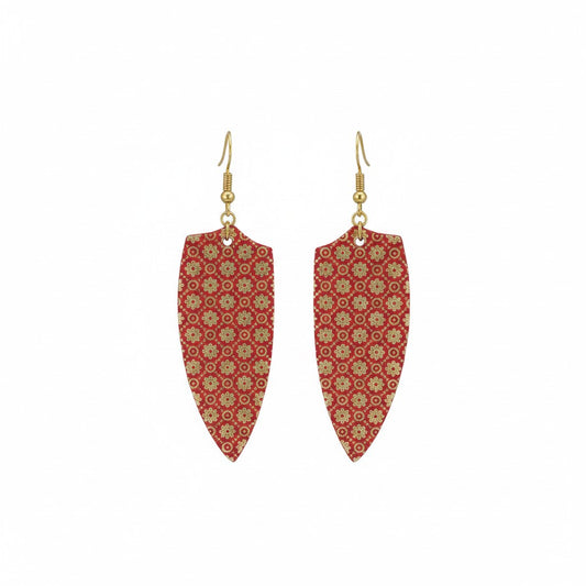 Red and Gold Floral Shield Leather Earrings