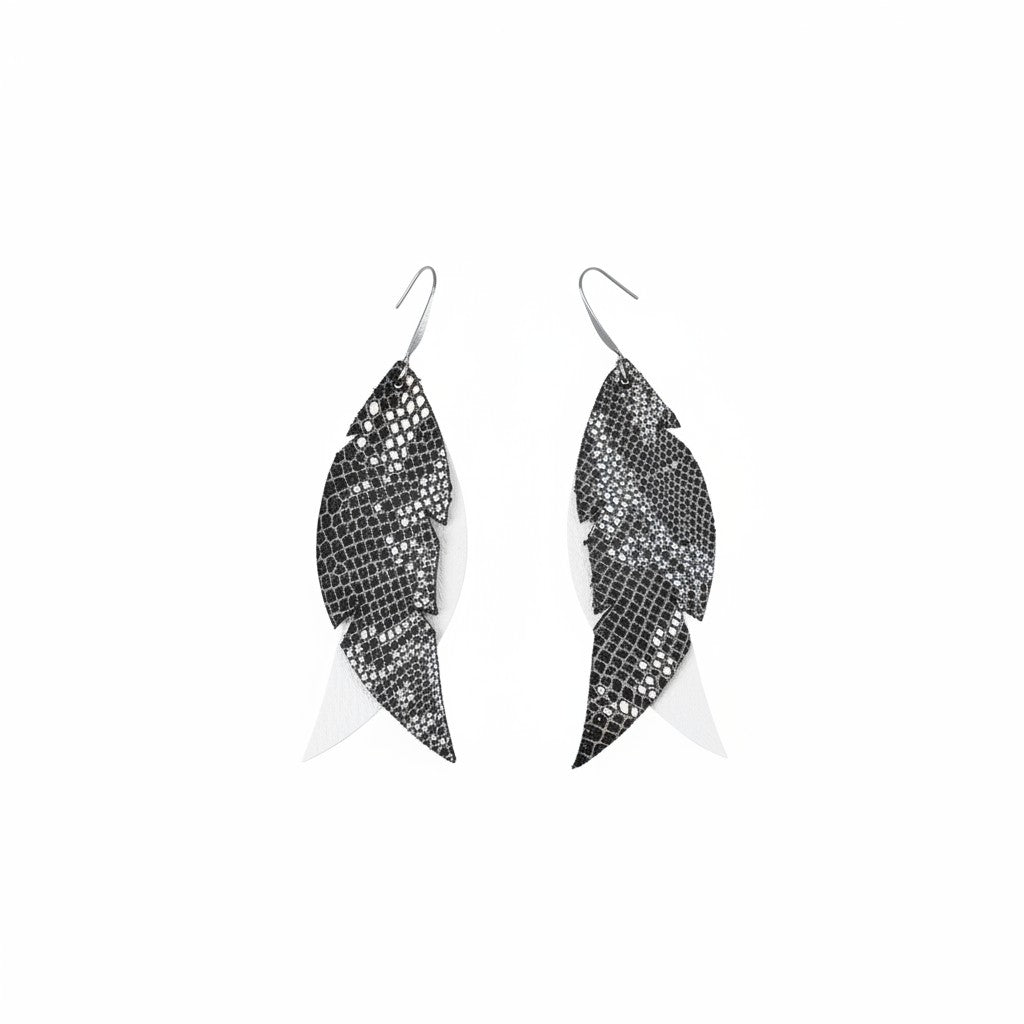 White and Brown Frosted Snake Leather Earrings