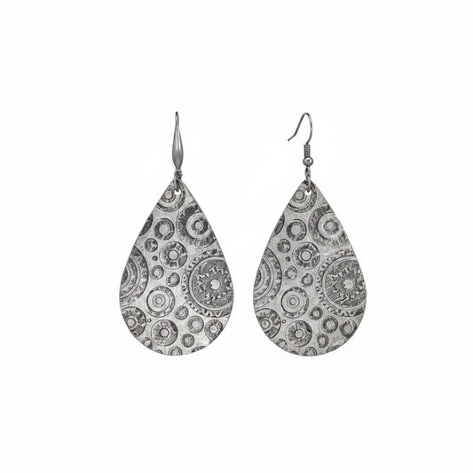 Metallic Grey Embossed Teardrop Leather Earrings