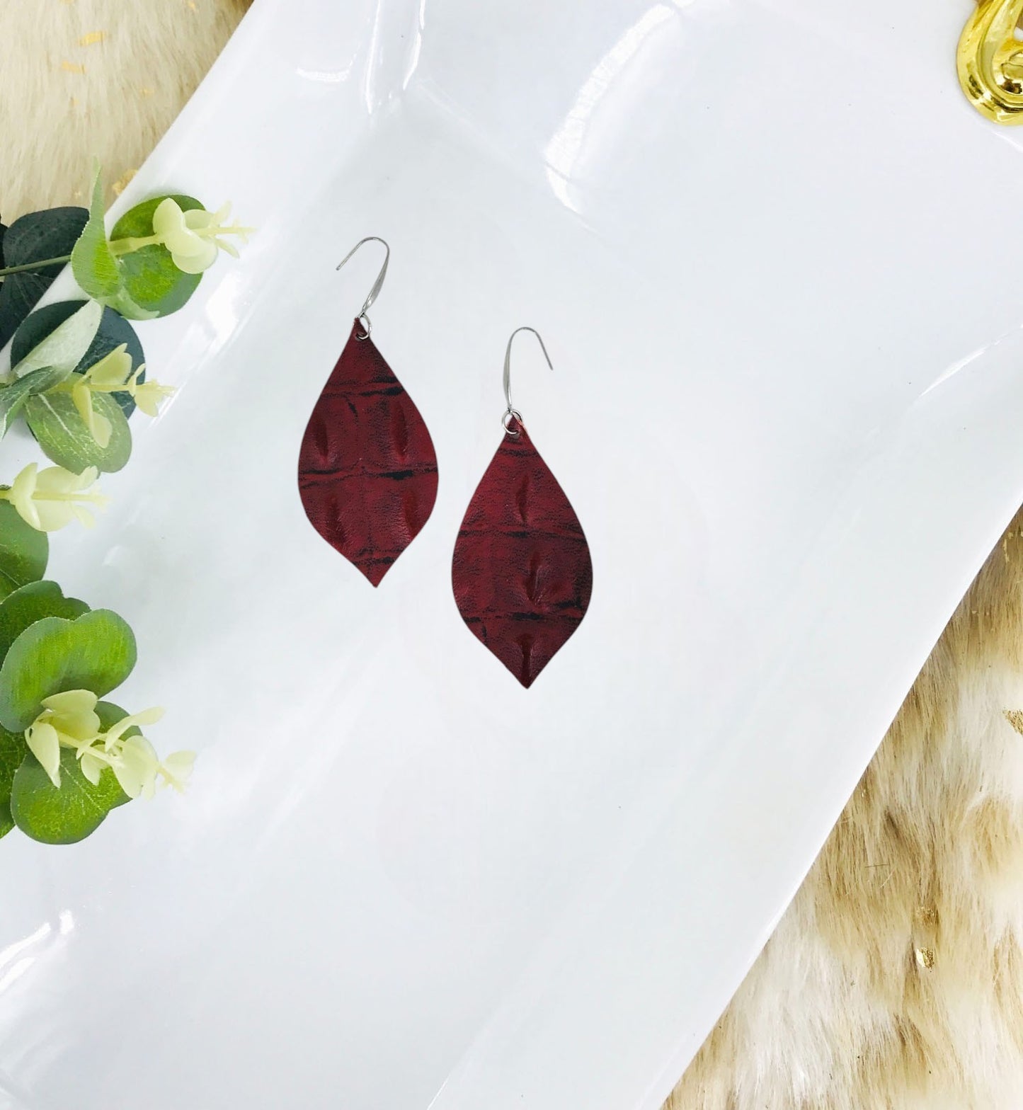 Dark Red Cranberry Genuine Leather Earrings - E19-1592