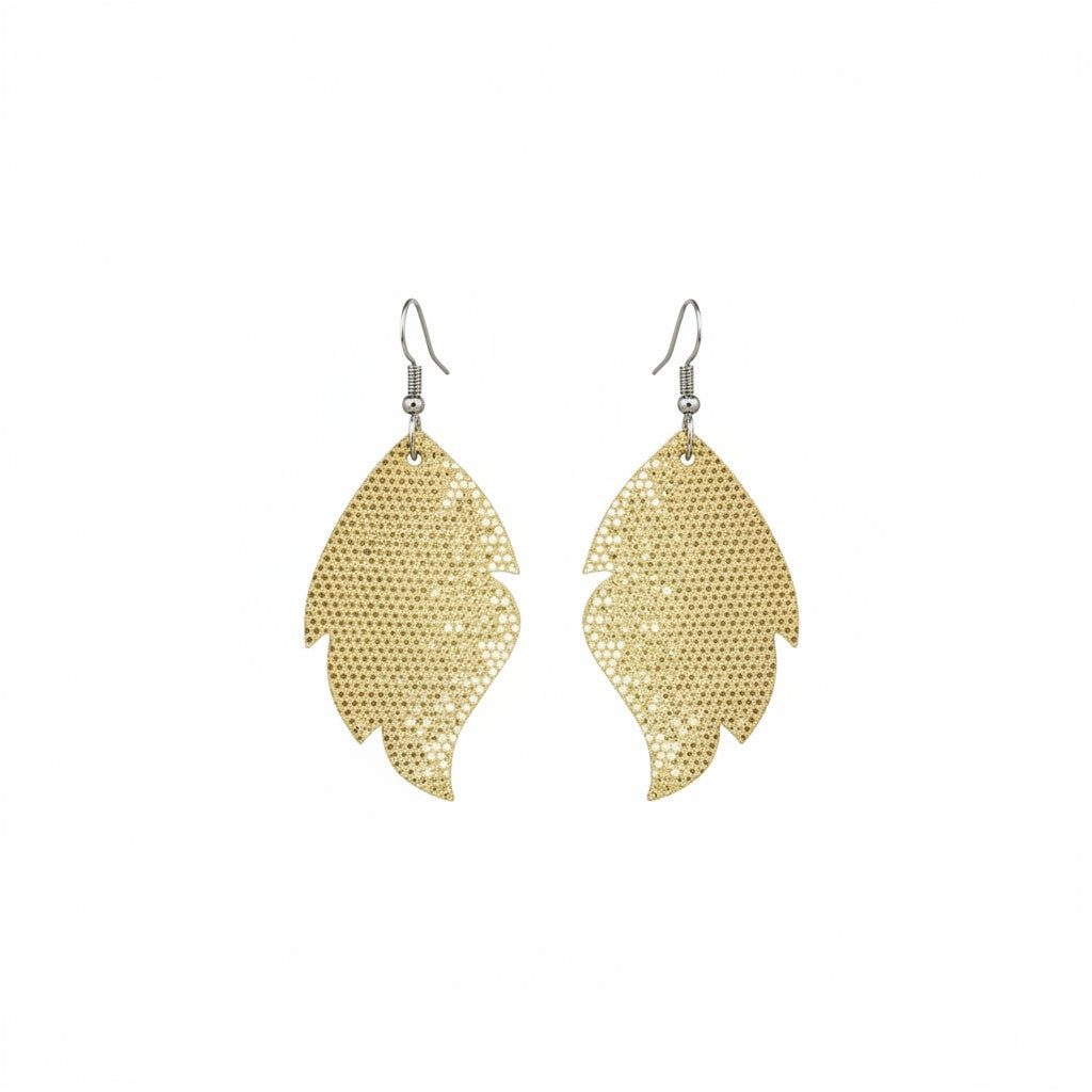 Golden Metallic Glitter Curved Leaf Leather Earrings
