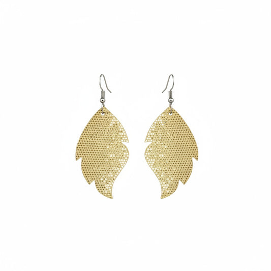 Golden Metallic Glitter Curved Leaf Leather Earrings