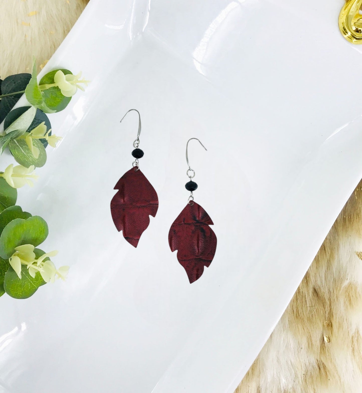 Dark Red Cranberry Leather Earrings - E19-1602