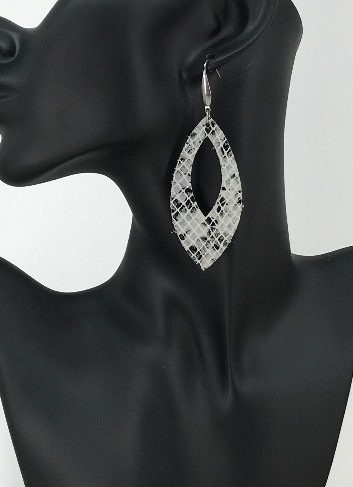 Black White and Gray Snake Cutout Leather Earrings