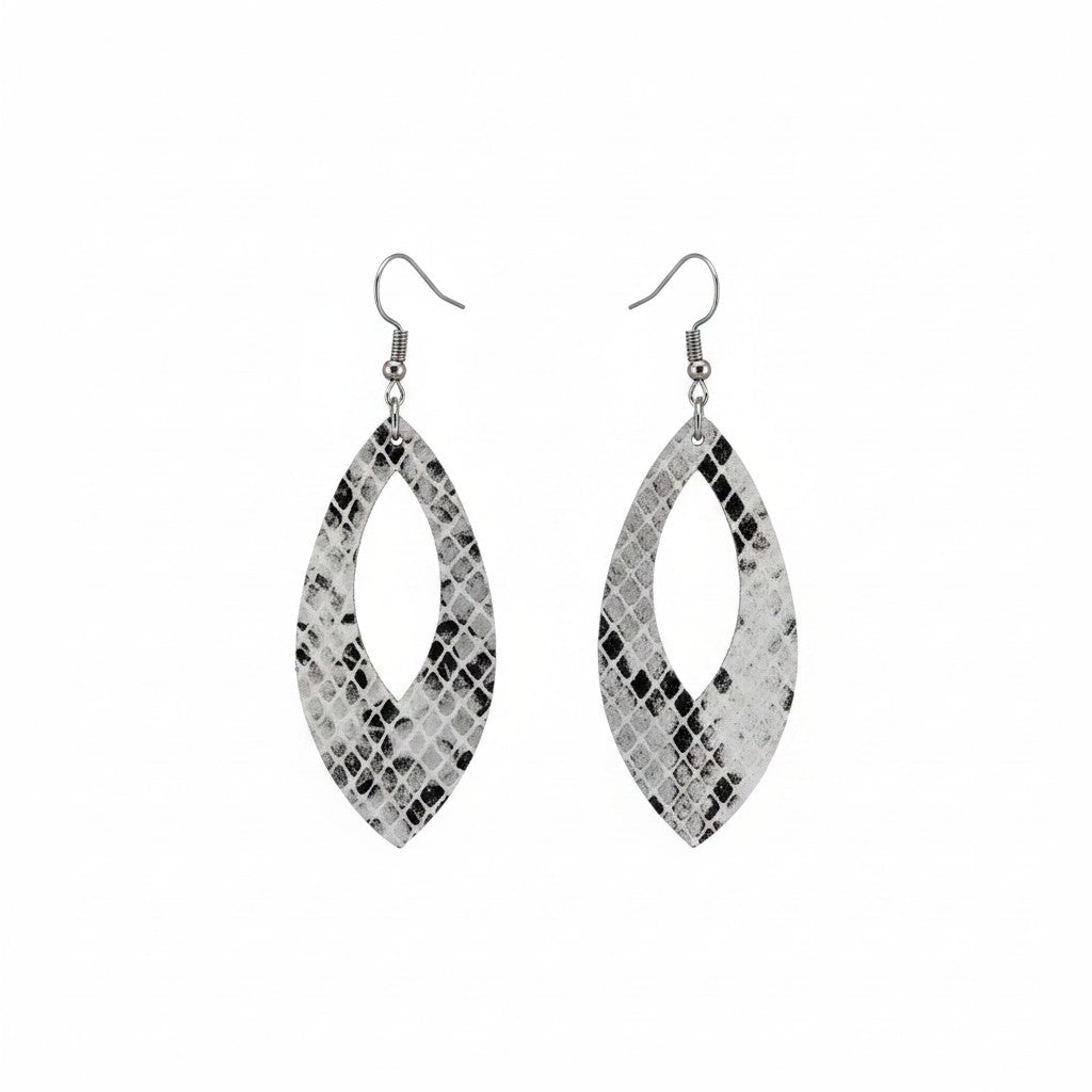 Black White and Gray Snake Cutout Leather Earrings