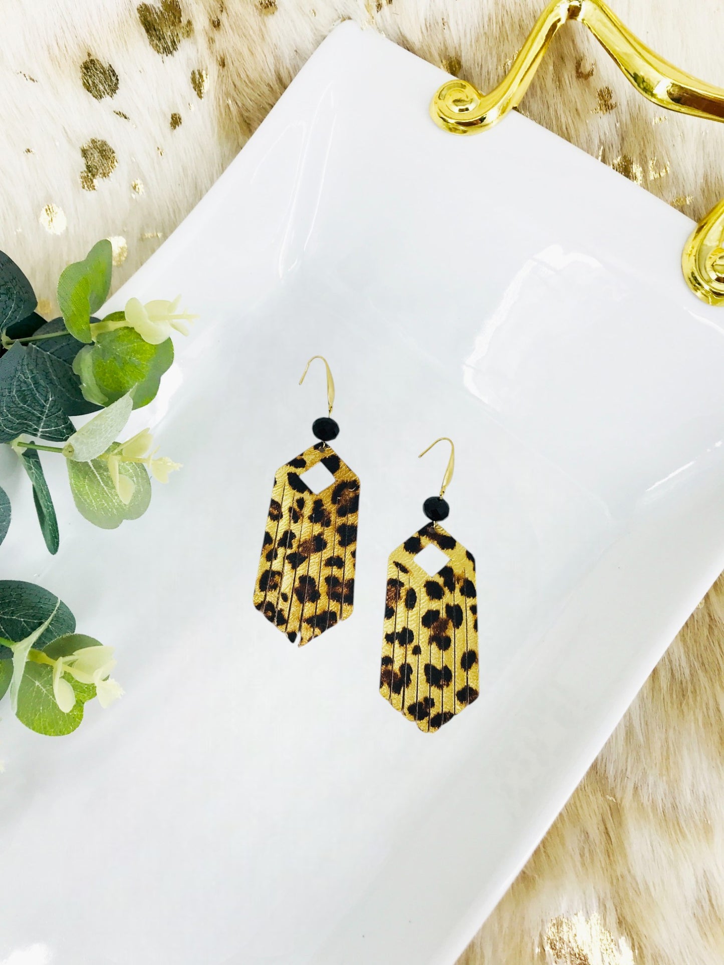 Gold Metallic Banana Leopard Leather Earrings - E19-1613