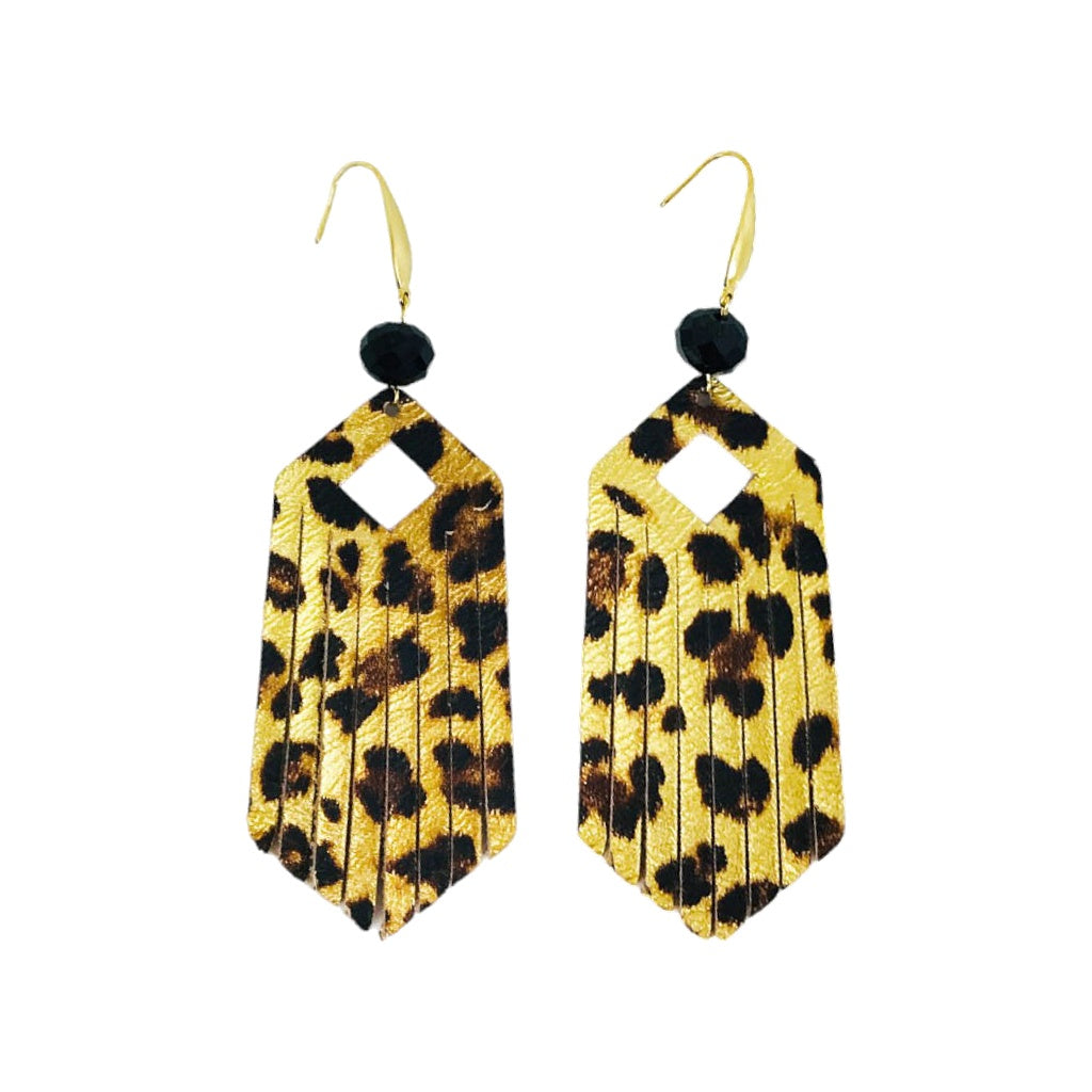 Golden Leopard Cutout Fringe Earrings
