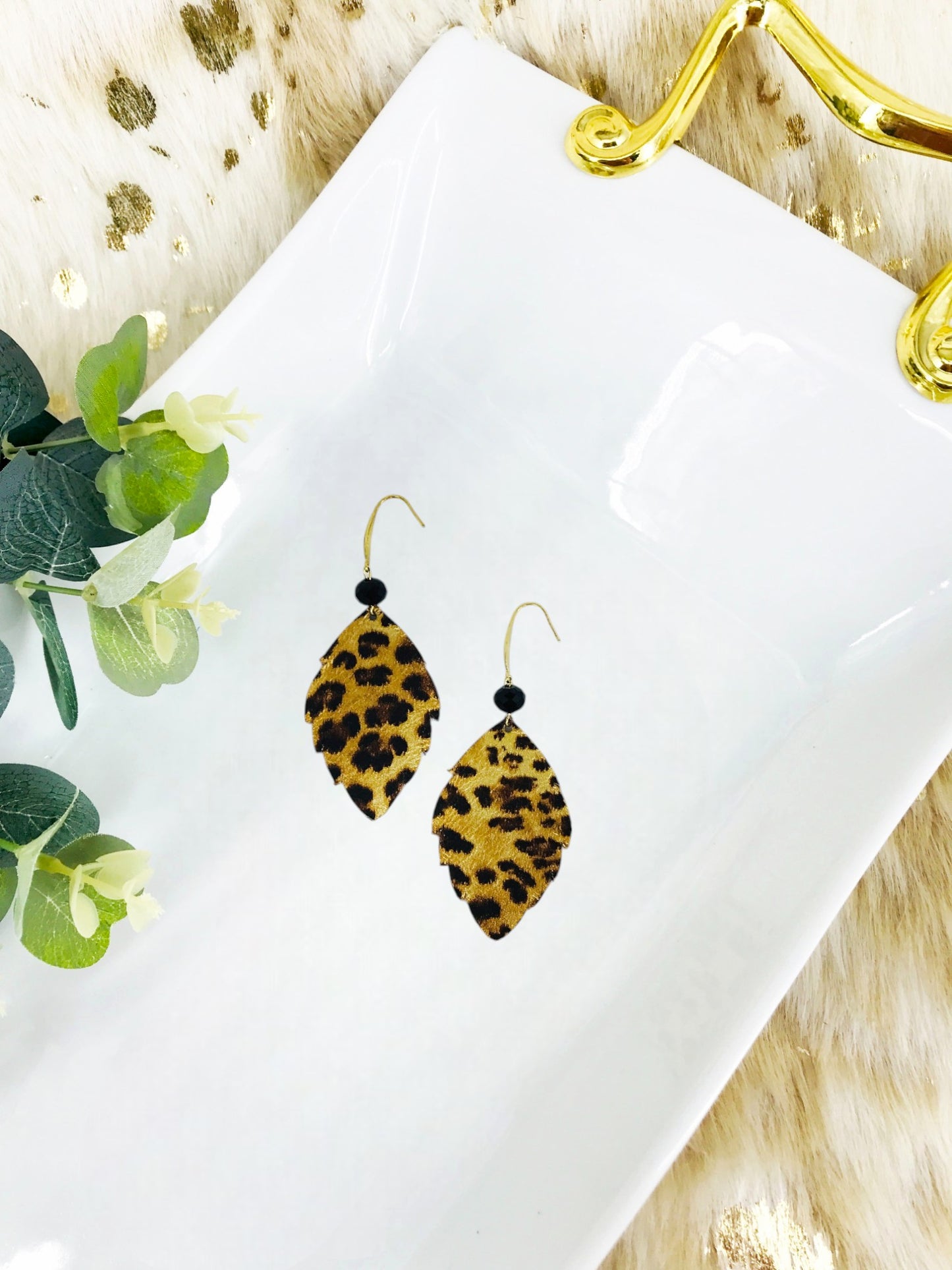 Gold Metallic Banana Leopard Leather Earrings - E19-1617