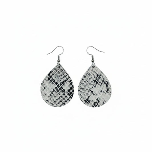 Black White and Gray Snake Teardrop Leather Earrings