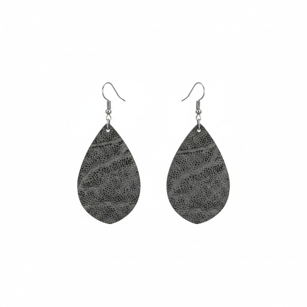 Elephant Gray Embossed Teardrop Leather Earrings