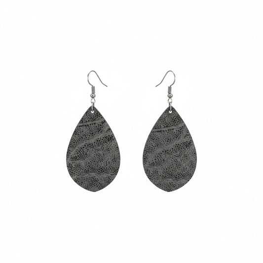 Elephant Gray Embossed Teardrop Leather Earrings