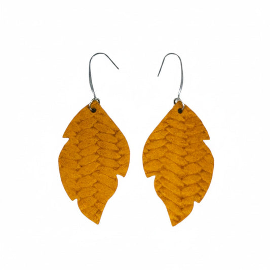 Mustard Fishtail Petite Leaf Leather Earrings
