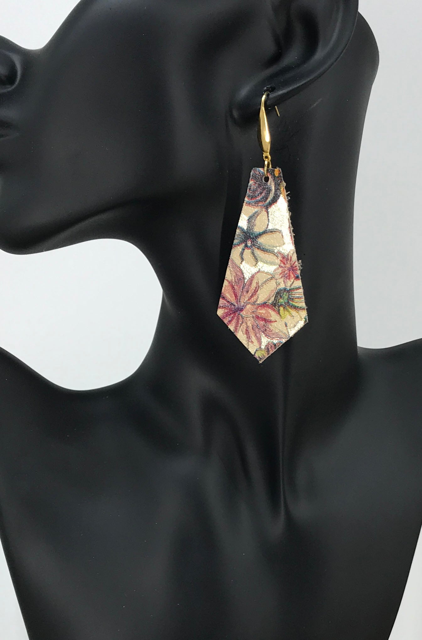 Metallic Gold Floral Print Leather Earrings - E19-1642