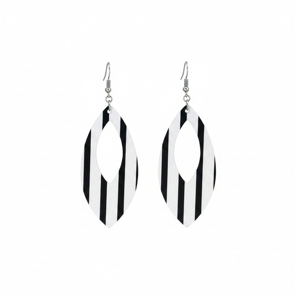 Black and White Stripe Open Leaf Leather Earrings