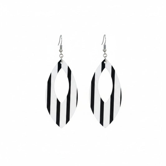 Black and White Stripe Open Leaf Leather Earrings
