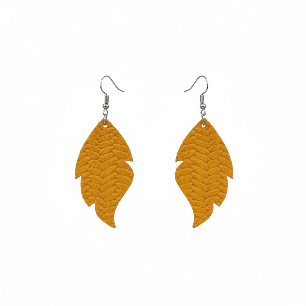 Mustard Fishtail Curved Leaf Leather Earrings