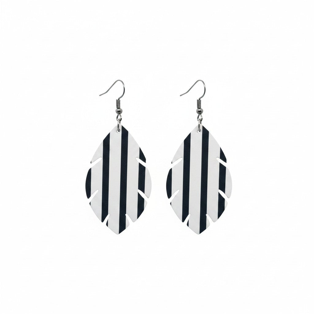 Black and White Stripe Cut Leaf Leather Earrings