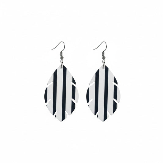Black and White Stripe Cut Leaf Leather Earrings