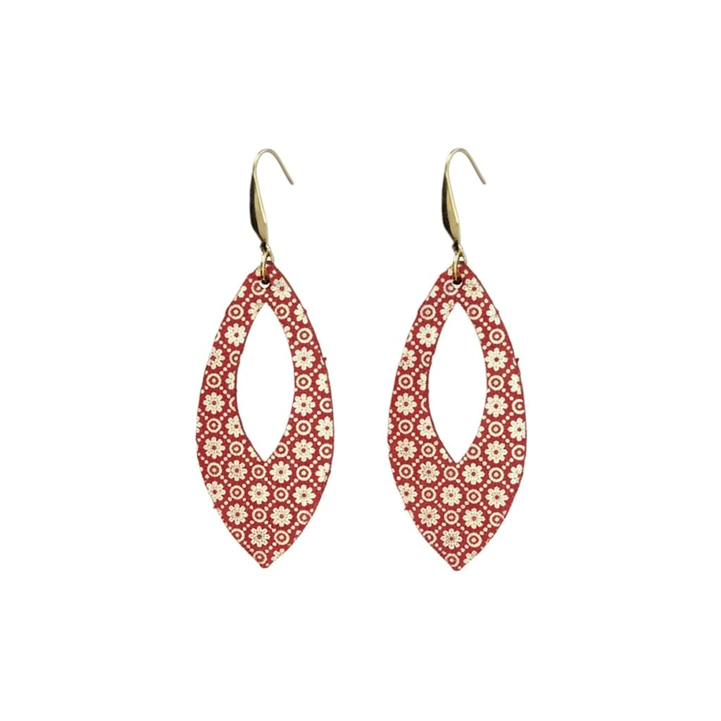 Red and Gold Floral Open Leaf Leather Earrings