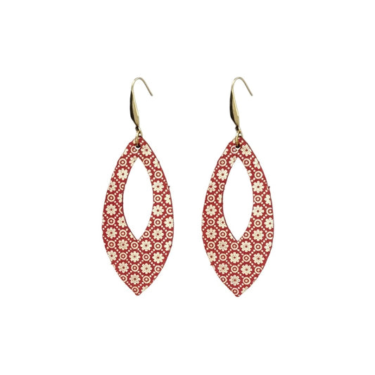 Red and Gold Floral Open Leaf Leather Earrings