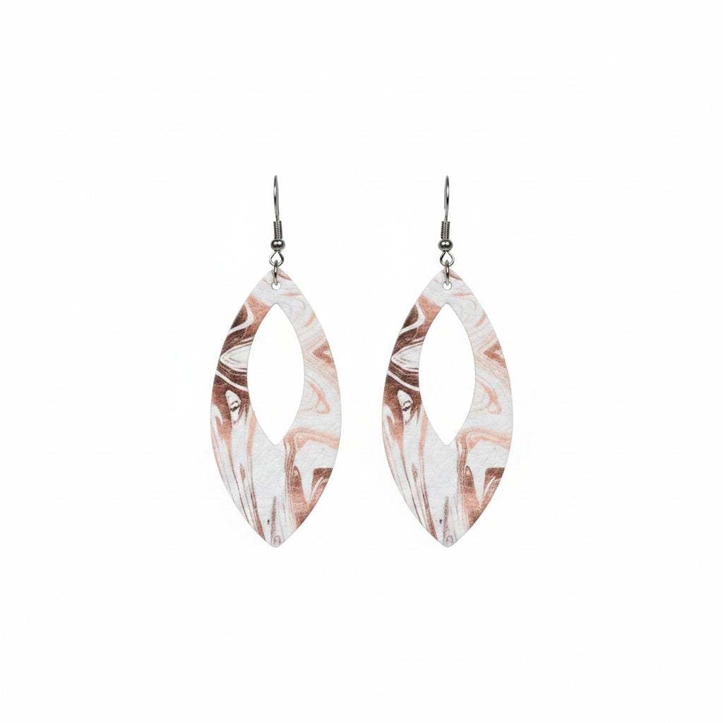Root Beer Marble Open Leaf Leather Earrings