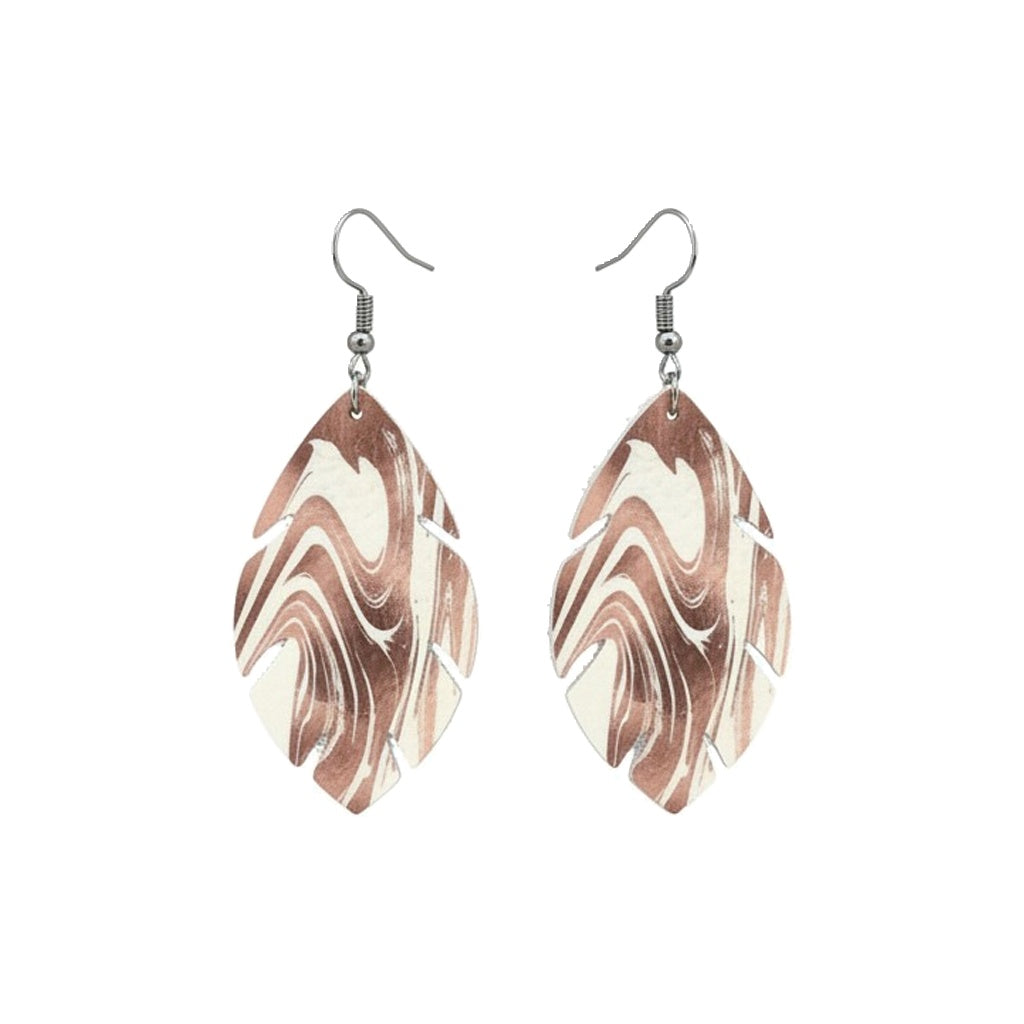 Marbled Root Beer Cut Leaf Leather Earrings
