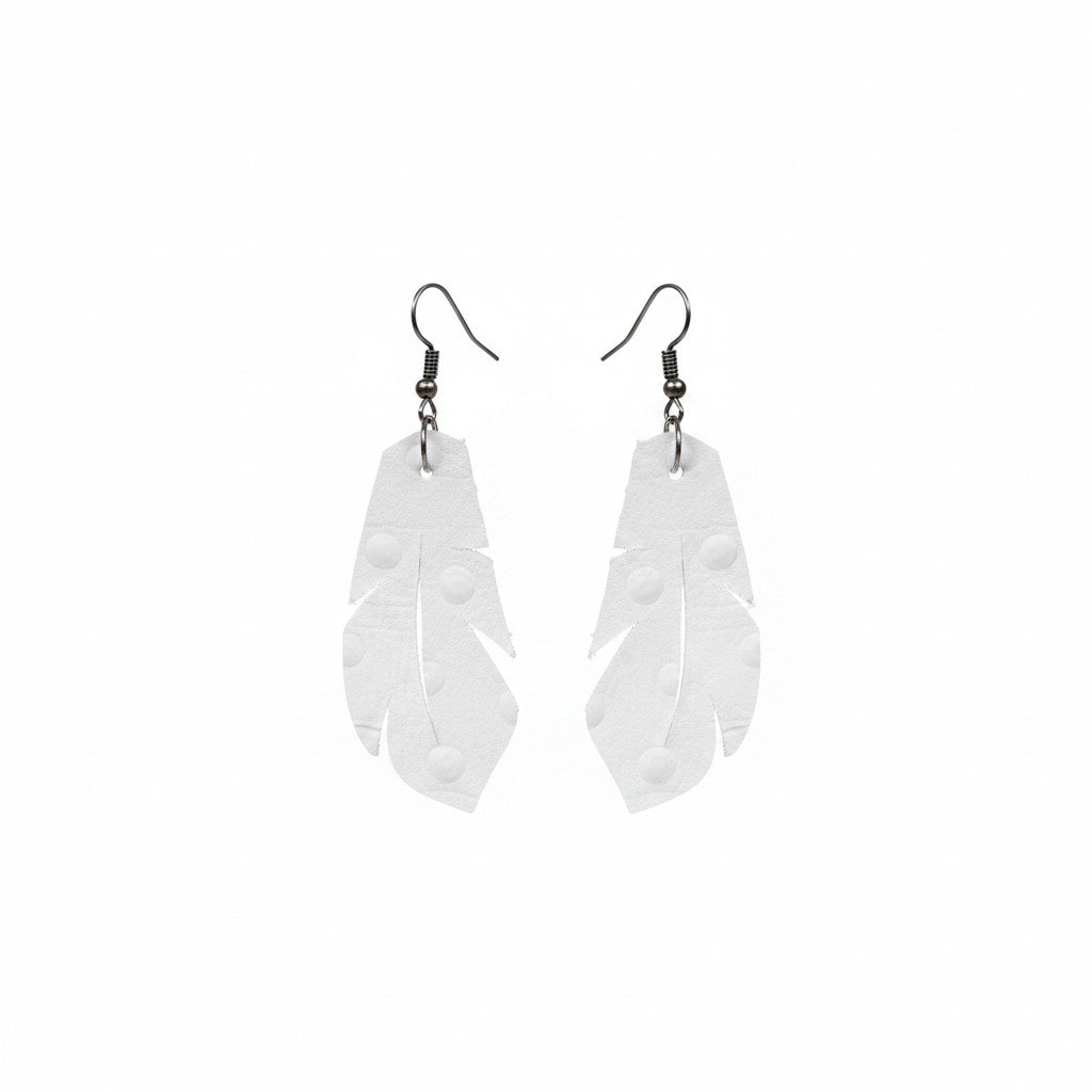 Bright White Ostrich Feather Leather Earrings