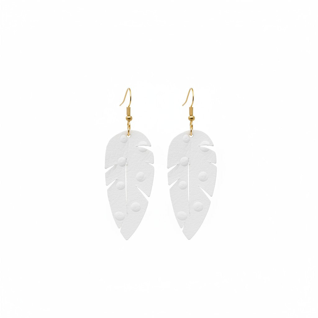 Bright White Ostrich Leaf Leather Earrings