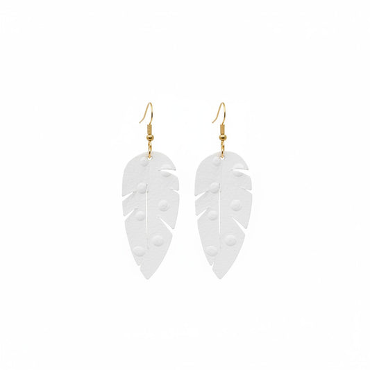 Bright White Ostrich Leaf Leather Earrings