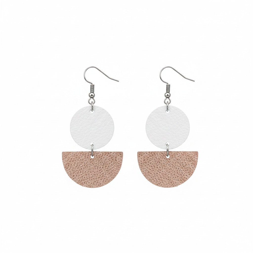 White and Rose Gold Half Circle Leather Earrings
