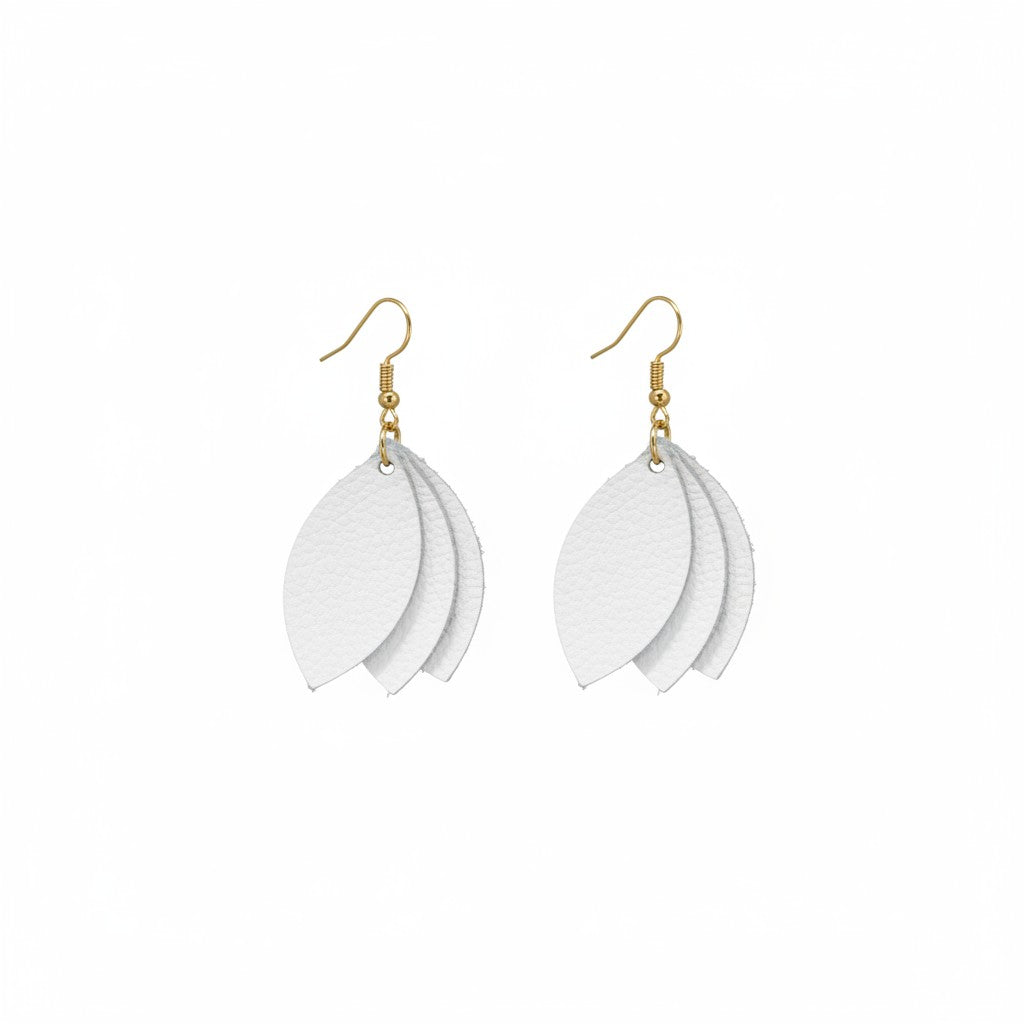 Imperial White Layered Petal Leather Earrings