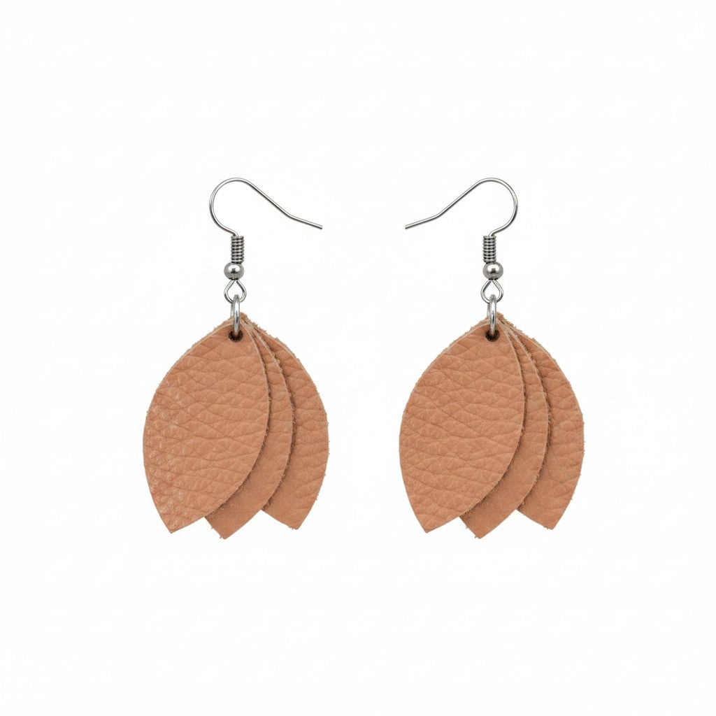Peachy Salmon Layered Petal Leather Earrings