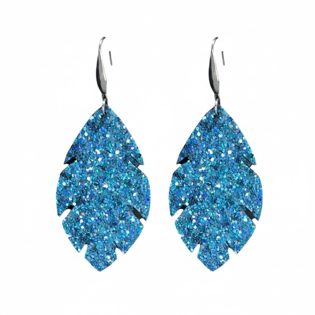 Blue Lagoon Glitter Leaf Earrings