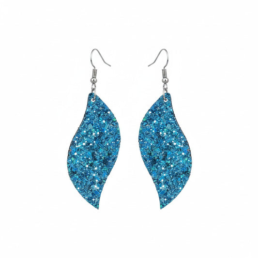 Blue Lagoon Glitter Curved Leaf Earrings