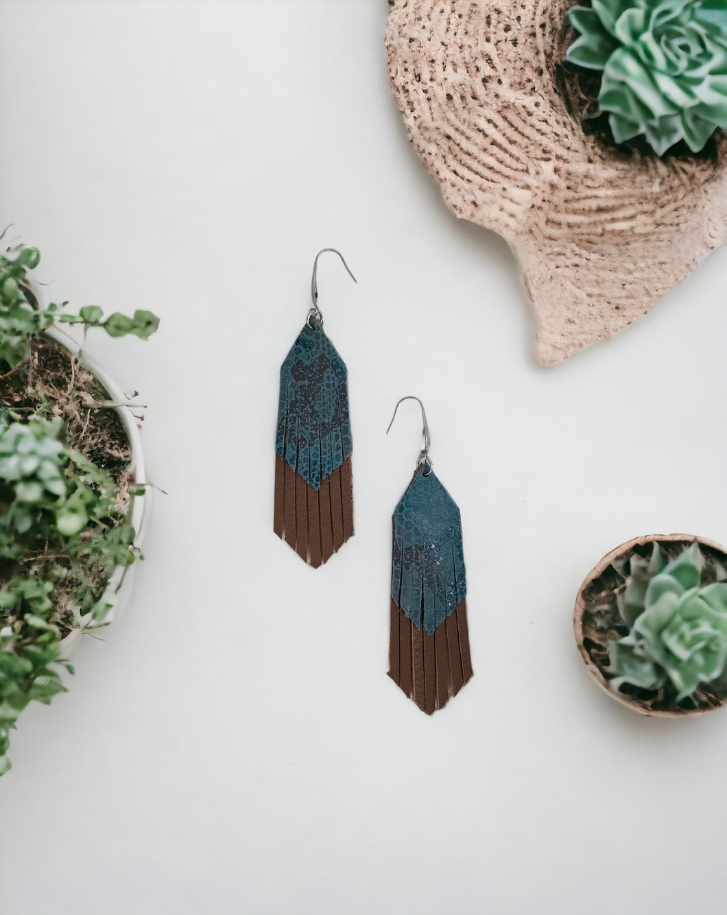 Brown and Turquoise Genuine Leather Earrings - E19-170