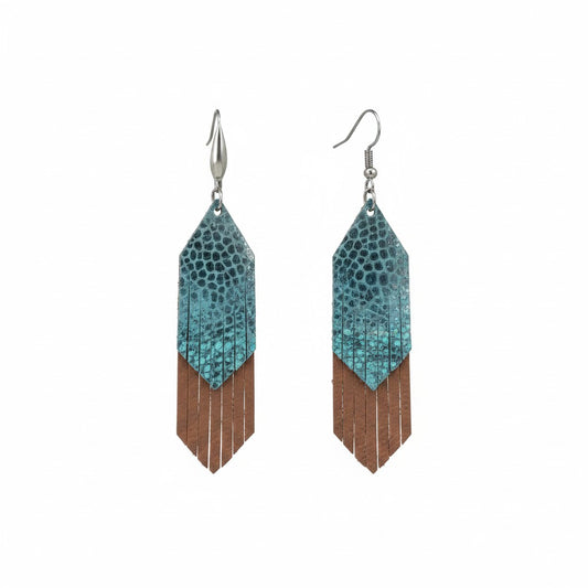 Turquoise Snake Print and Light Brown Fringe Leather Earrings