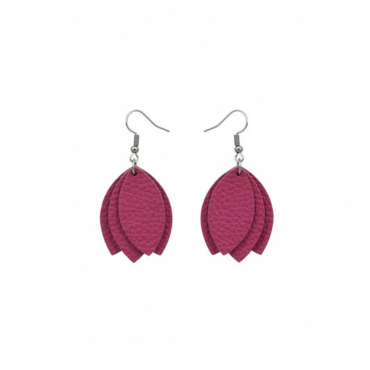 Fuchsia Hot Pink Layered Petal Leather Earrings