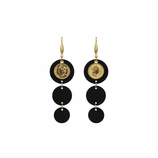 Matte Black Coin Snake Leather Earrings