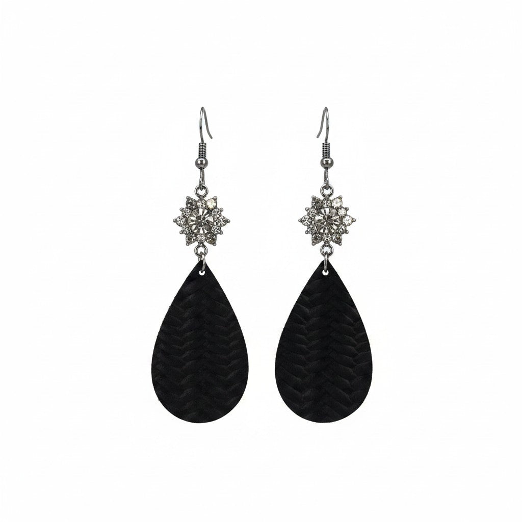 Black Fishtail Teardrop Rhinestone Leather Earrings