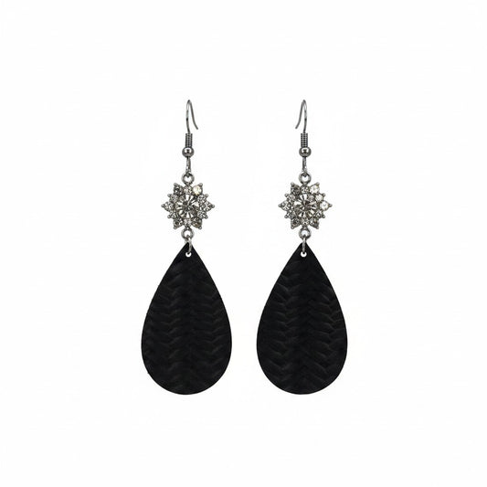 Black Fishtail Teardrop Rhinestone Leather Earrings