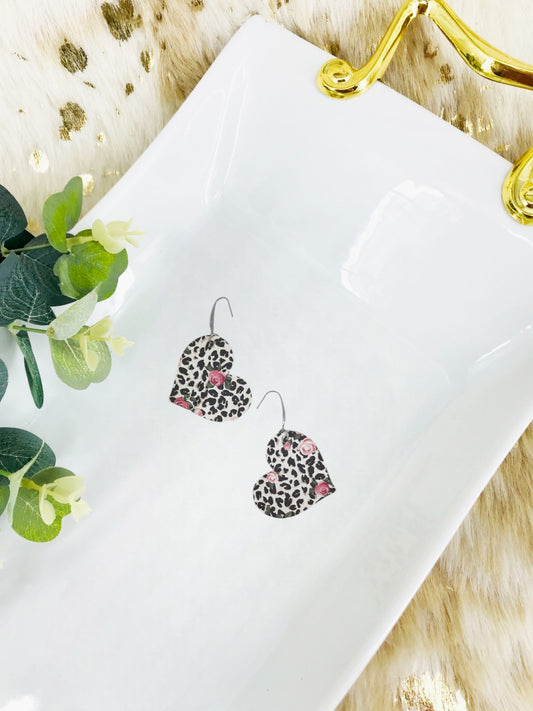 Roses over Black Spotted Leopard Leather Earrings - E19-1744