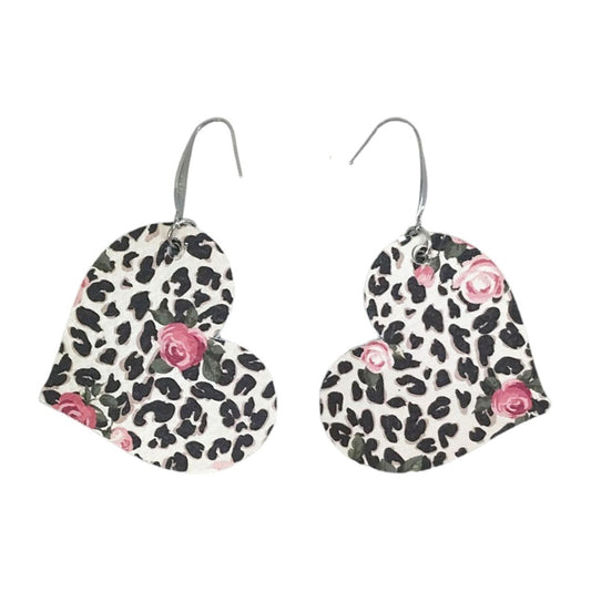 Rose Print Leopard Heart Earrings