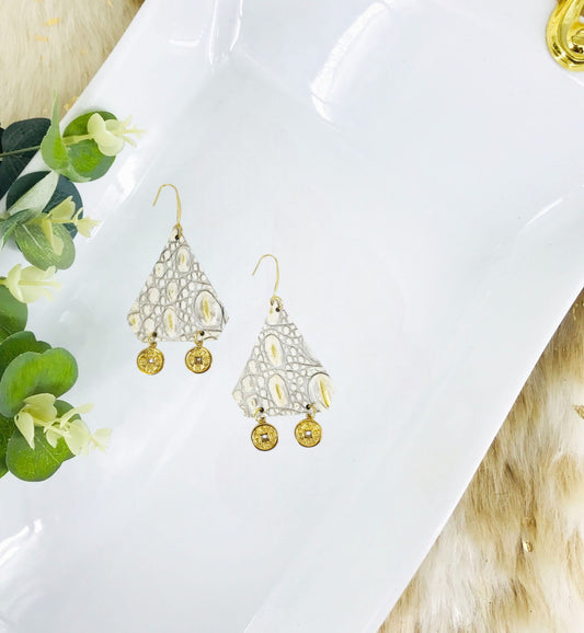 Metallic Gold and White Genuine Leather Earrings - E19-1748