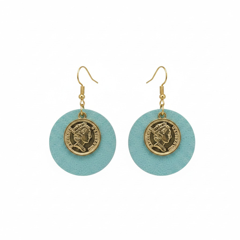 Ice Princess Blue Green Coin Circle Leather Earrings