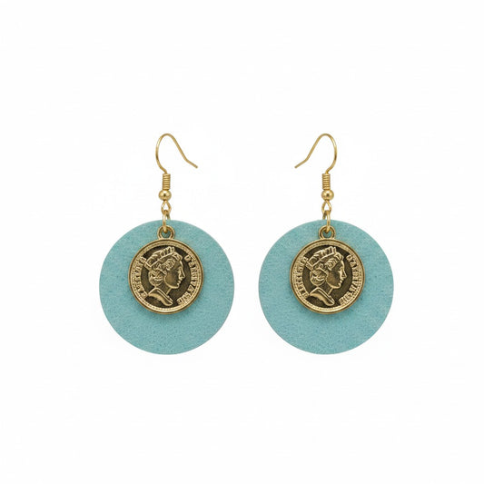 Ice Princess Blue Green Coin Circle Leather Earrings