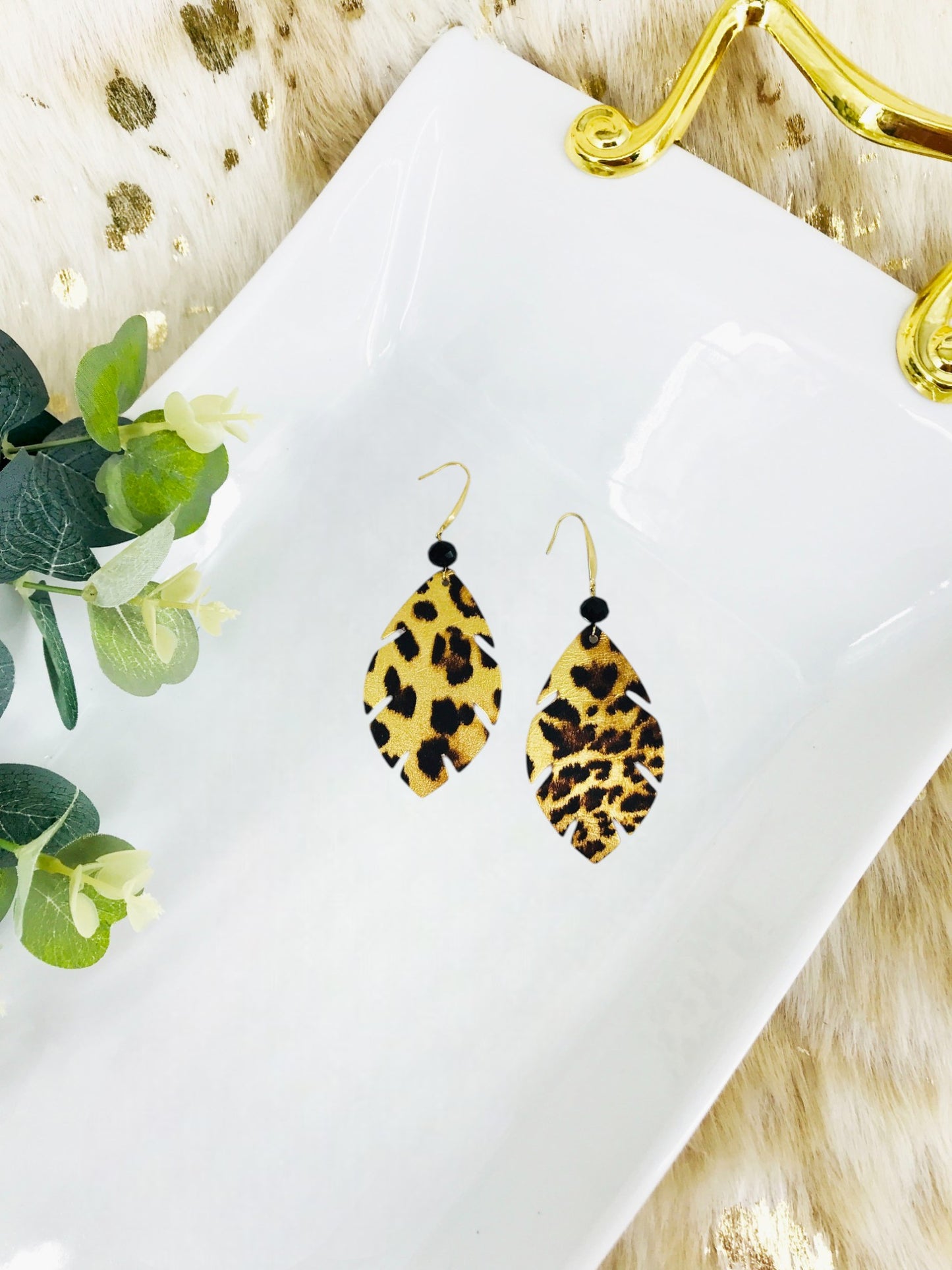 Gold Metallic Banana Leopard Leather Earrings - E19-1751
